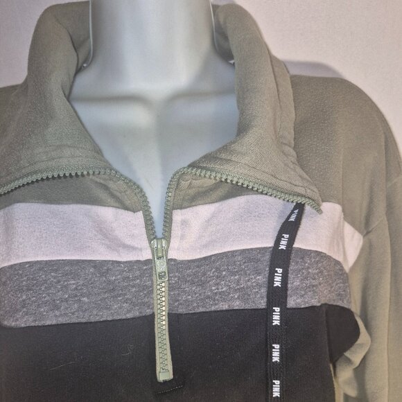 PINK/Victoria's Secret zippered front fleece jacket, green w/stripes in size XS - Picture 11 of 16